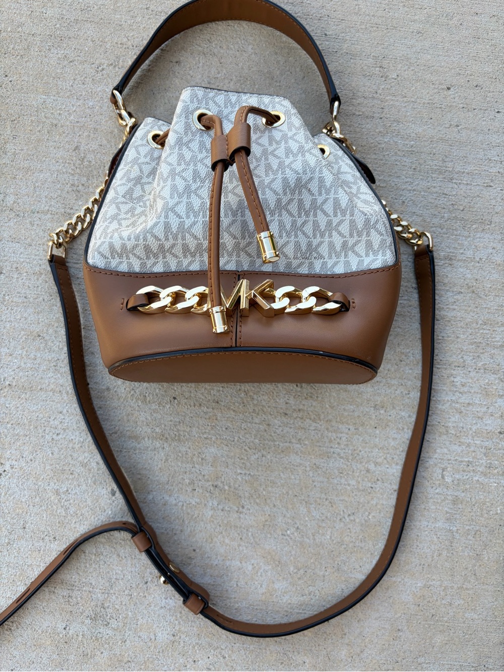 Michael Kors Brown & White Signature Drawstring Bucket Bag with Gold Chain